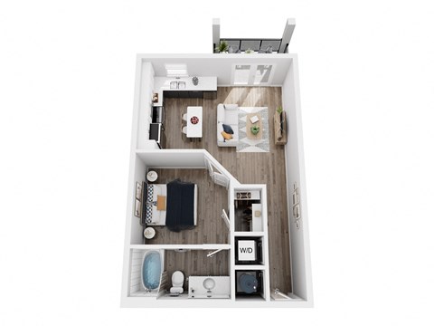 Floor plan for 1 bed, 1 bath, 596 sqft